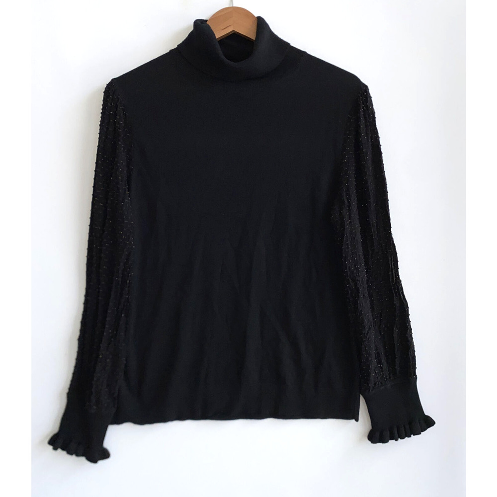 LOFT Black Turtleneck Knit Sweater Chiffon Textured Balloon Sleeve Ruffle Cuff L